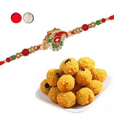 "Zardosi Rakhi - ZR- 5510  A (Single Rakhi), 500gms of Laddu - Click here to View more details about this Product
